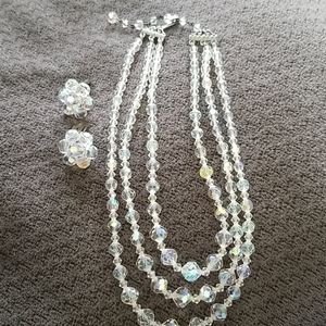 Vintage Crystal Beaded Necklace with Earrings